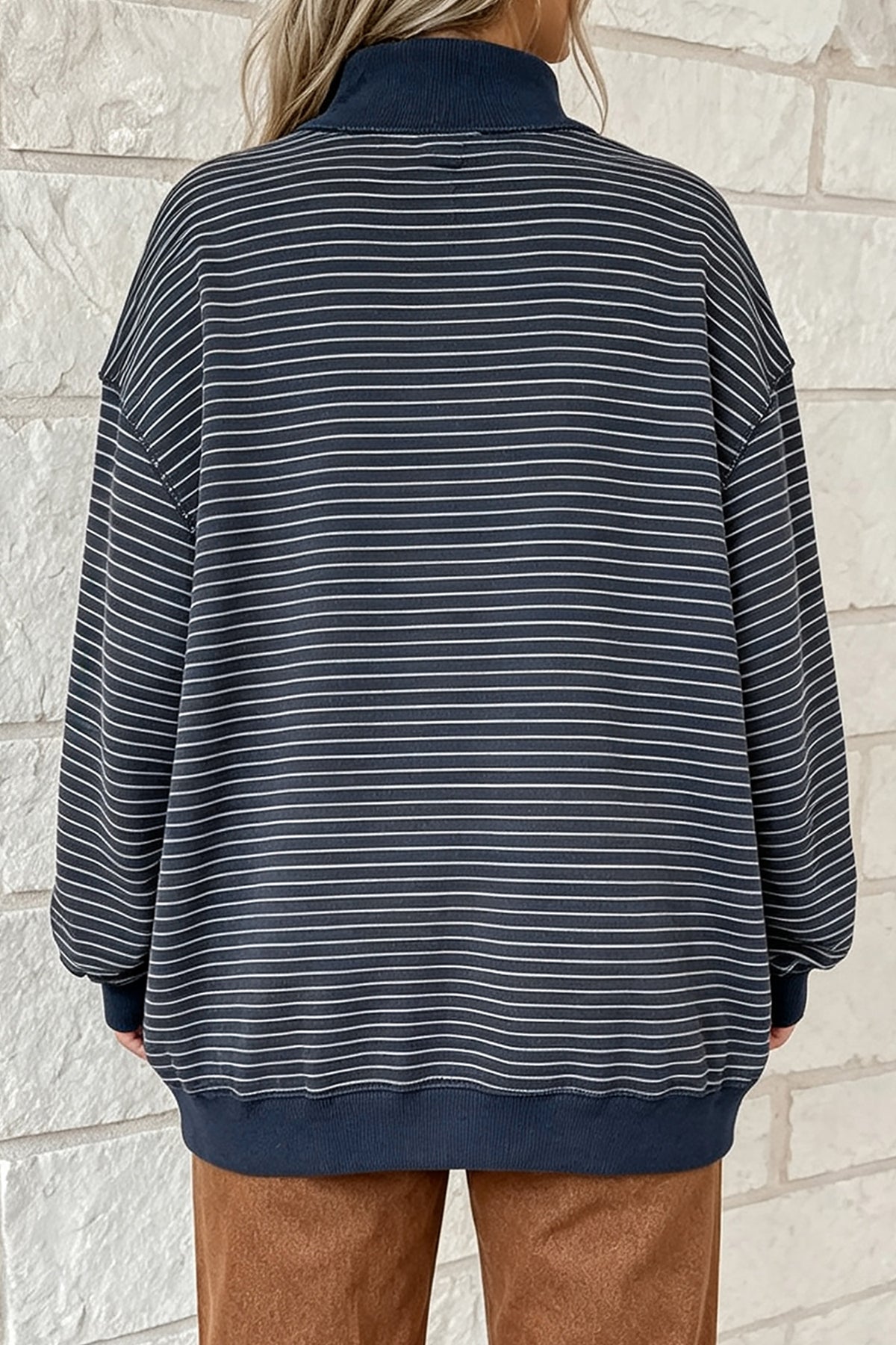 Blue Stripe Ribbed Color Block Mock Neck Oversized Sweatshirt PREORDER ETA 3 WEEKS