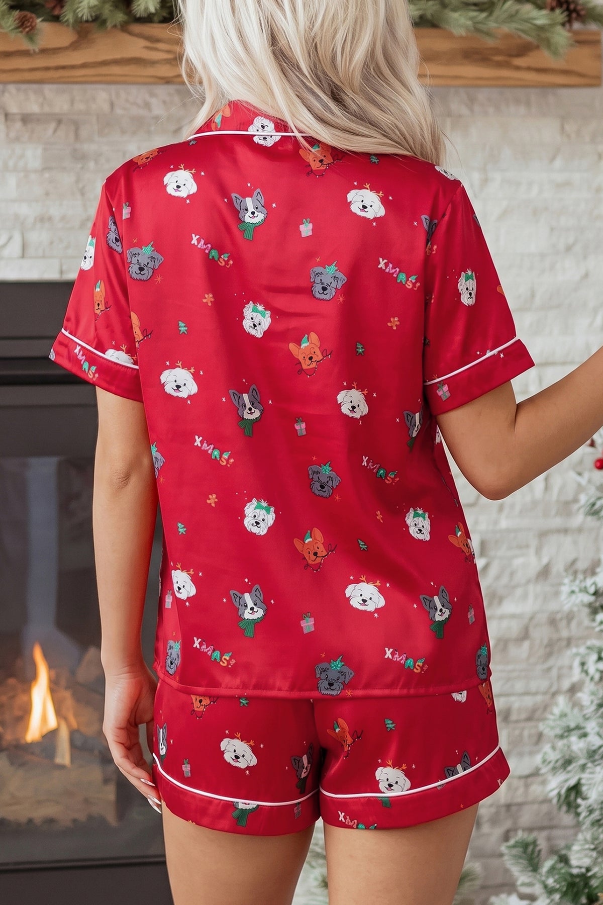 Racing Red Festive Dog Print Short Sleeve Two Piece Lounge Set PREORDER ETA 3 WEEKS