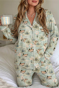 Green Floral Duck Print Long Sleeve Shirt Top 2pcs Pajama Pant Set PREORDER ETA 3 WEEKS