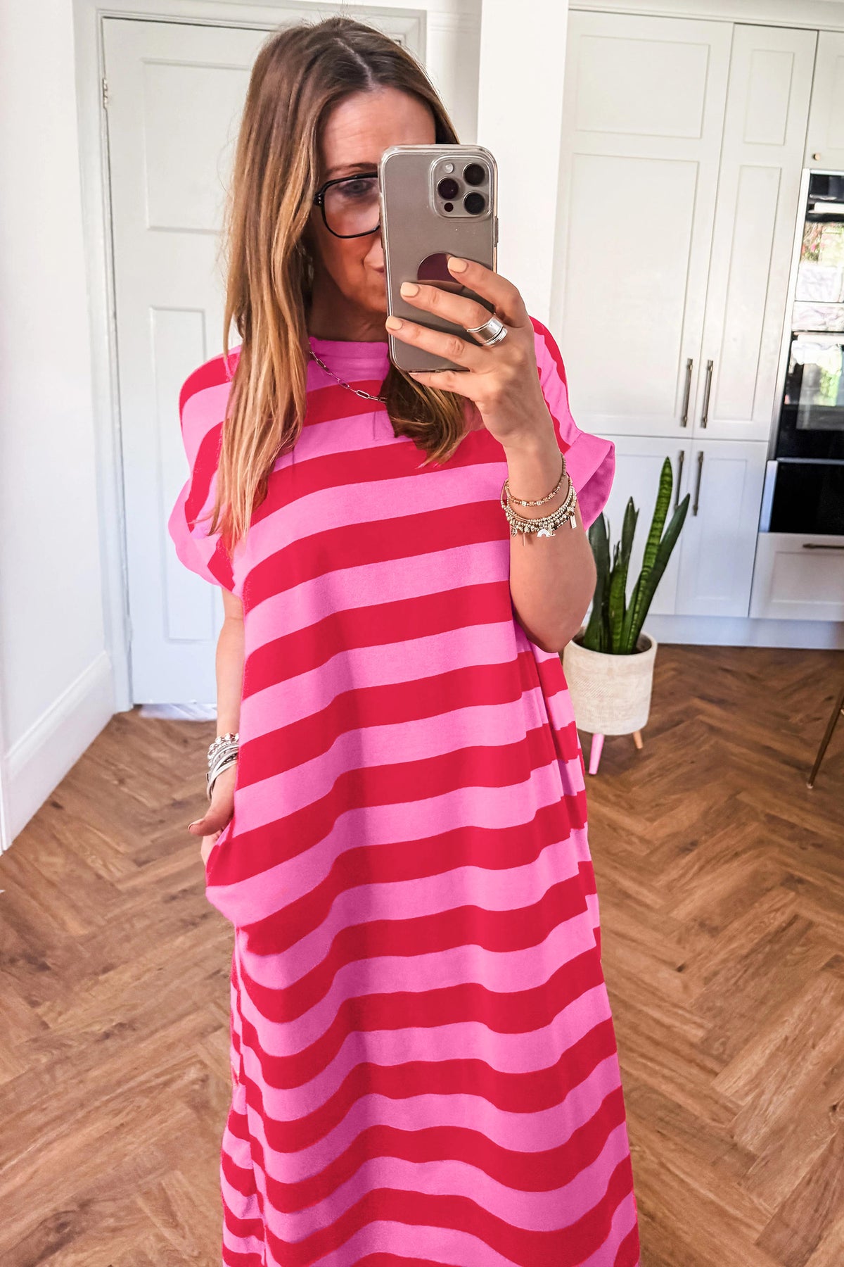 Rose Stripe Cuffed Short Sleeve Pocketed Casual T Shirt Long Dress PREORDER ETA 3 WEEKS