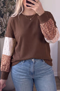 Coffee Plus Size Waffle Knit Floral Patchwork Long Sleeve Top PREORDER ETA 3 WEEKS