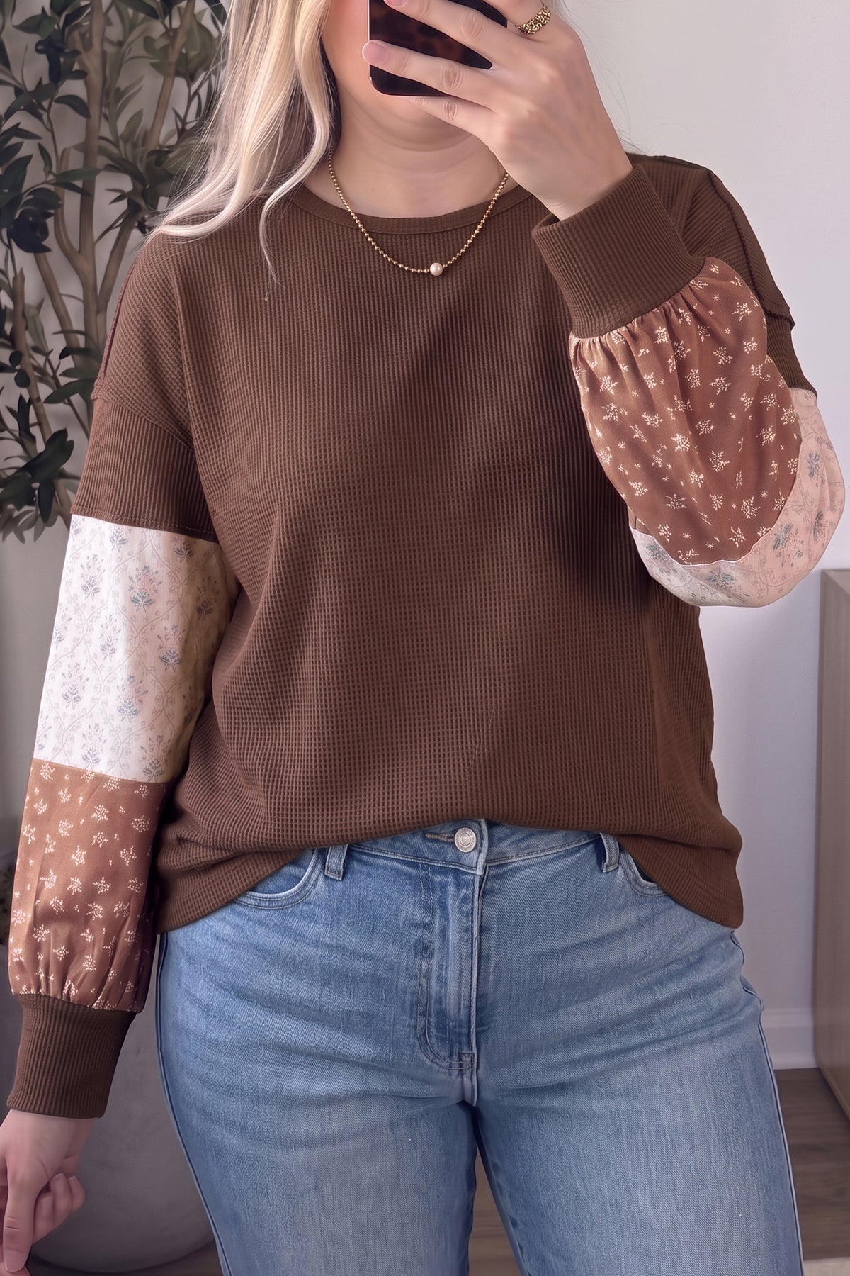 Coffee Plus Size Waffle Knit Floral Patchwork Long Sleeve Top PREORDER ETA 3 WEEKS