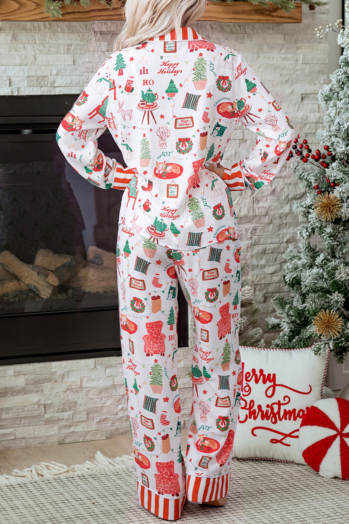 White Striped Holiday Long Sleeve Two Piece Shift Home Wear Lounge Set PREORDER ETA 3 WEEKS
