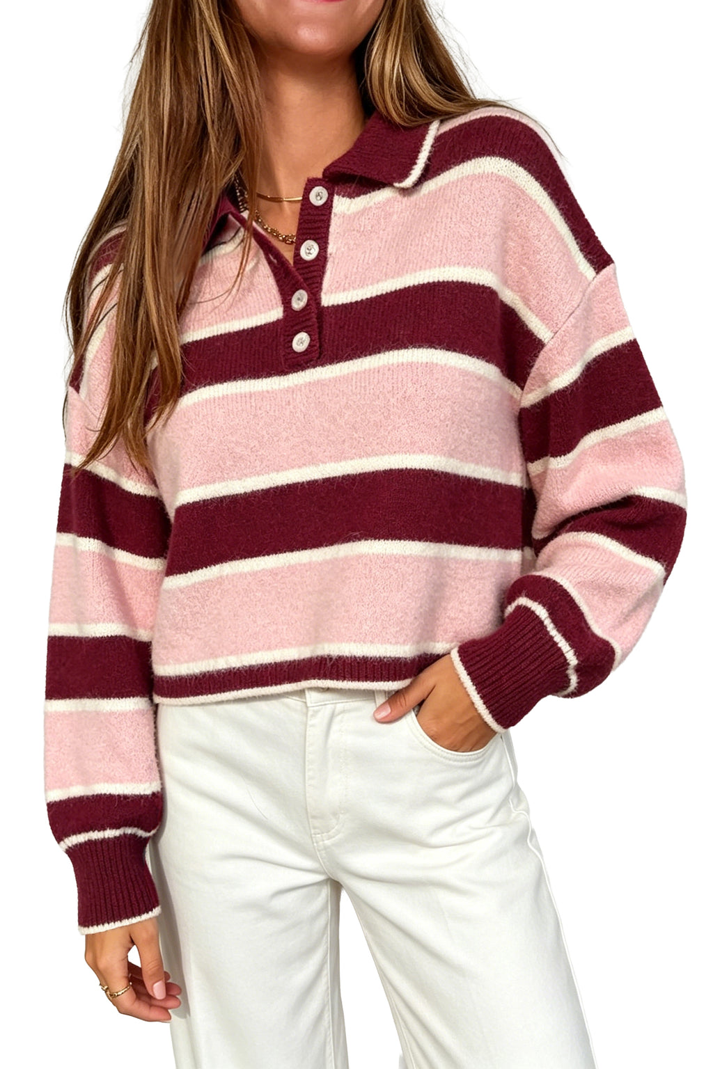Pink Striped Polo Collar Long Sleeve Ribbed Cuff Casual Knit Sweater PREORDER ETA 3 WEEKS