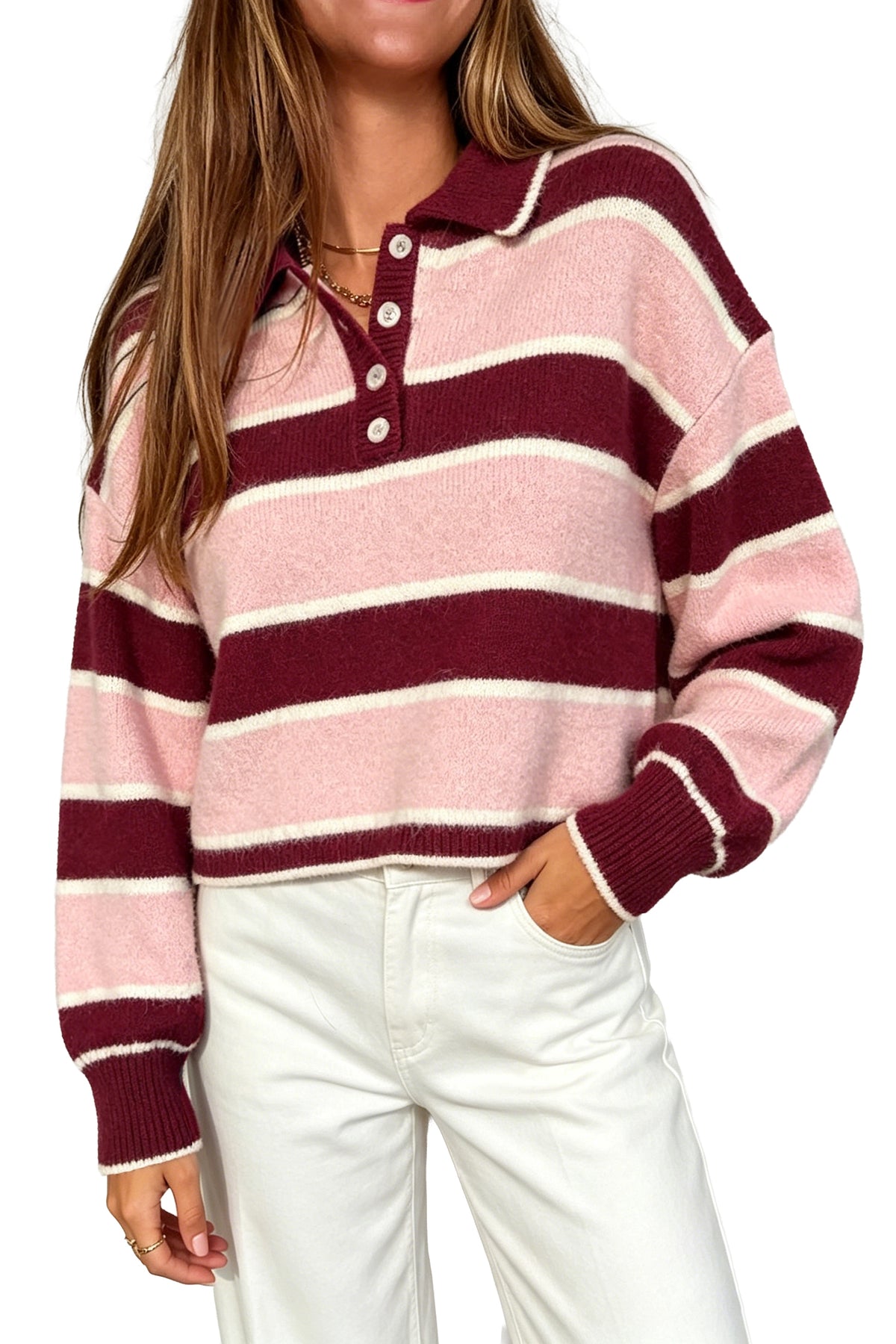 Pink Striped Polo Collar Long Sleeve Ribbed Cuff Casual Knit Sweater PREORDER ETA 3 WEEKS