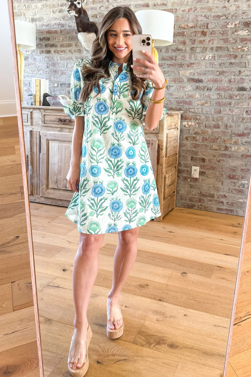 Sky Blue Floral Print Half Button Frilly Short Sleeve Dress PREORDER ETA 3 WEEKS