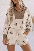 Khaki Mallard Print Color Block Patchwork Zip Pullover and Shorts Set PREORDER ETA 3 WEEKS