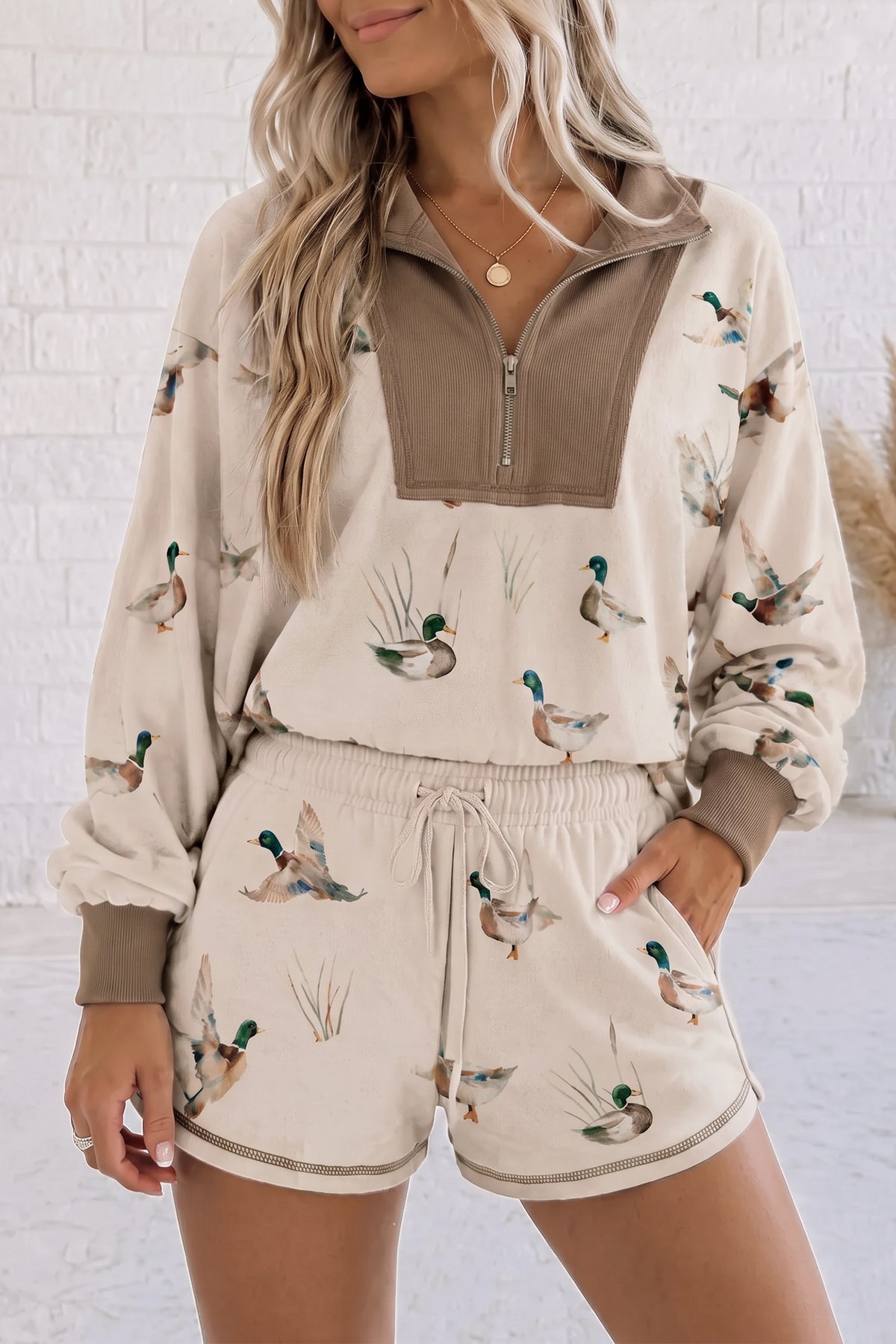 Khaki Mallard Print Color Block Patchwork Zip Pullover and Shorts Set PREORDER ETA 3 WEEKS