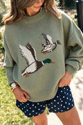 Laurel Green Flying Mallard Pattern Round Neck Drop Shoulder Knit Sweater PREORDER ETA 3 WEEKS