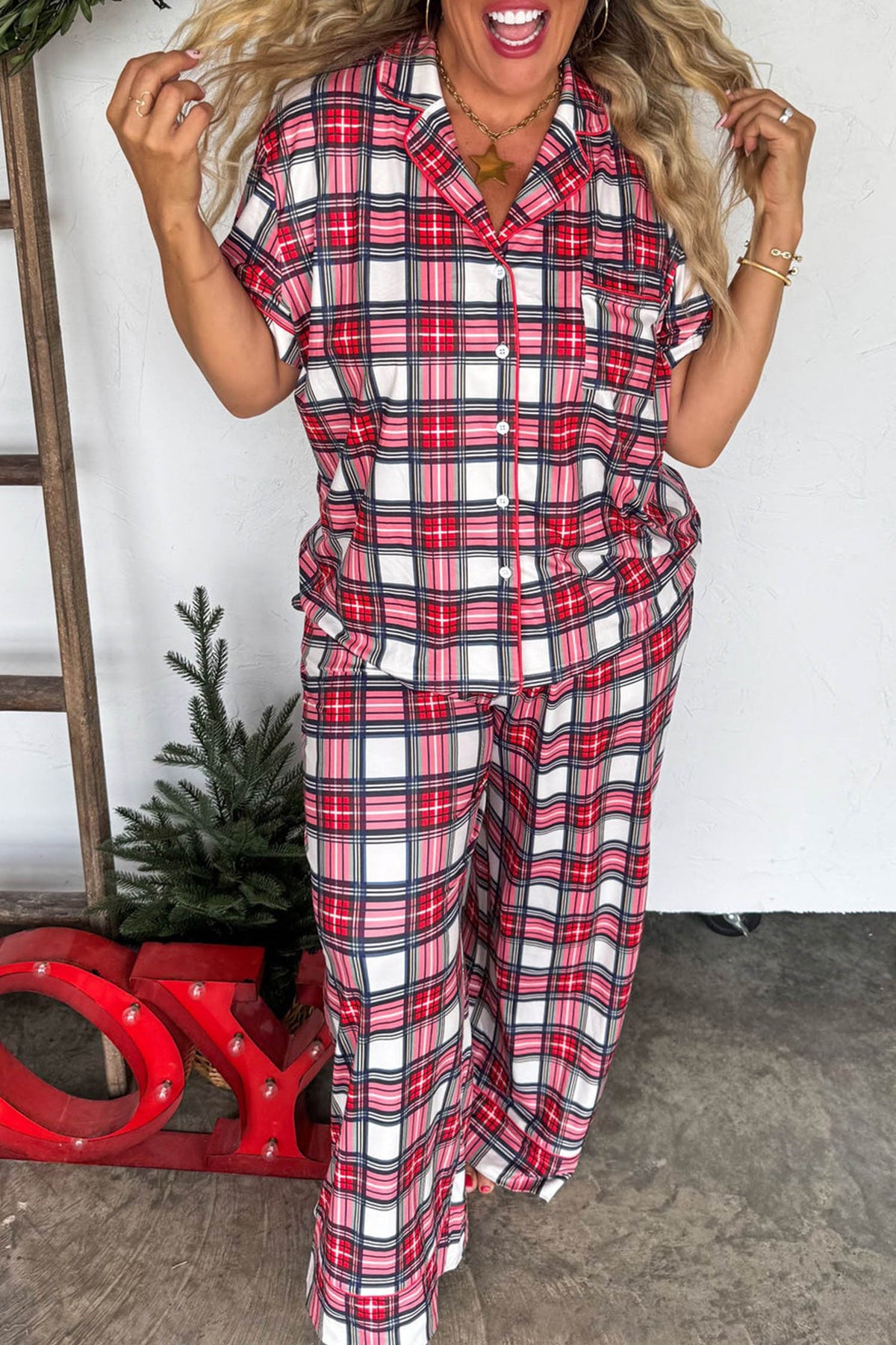Red Plus Size Short Sleeve Button Down Plaid Pajama 2pcs Pant Set PREORDER ETA 3 WEEKS