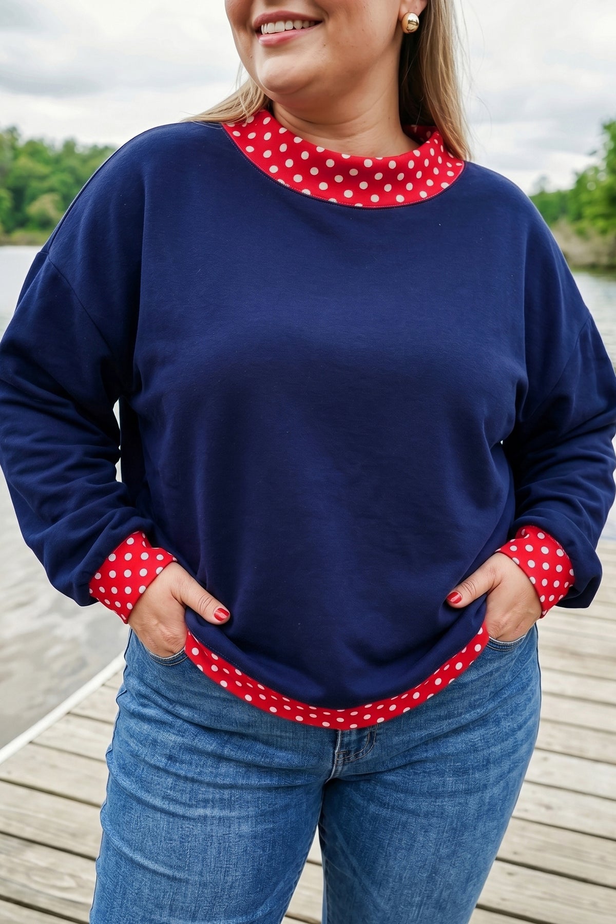 Brown Polka Dot Patchwork Round Neck Plus Size Sweatshirt PREORDER ETA 3 WEEKS