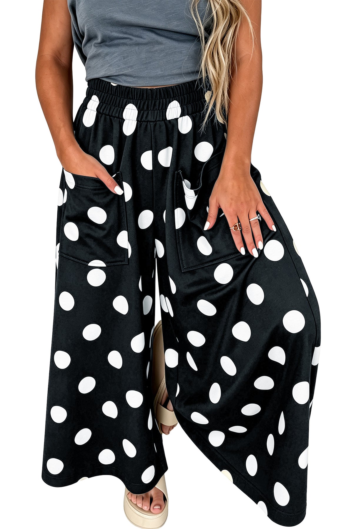 Black Polka Dot Wide Leg Elastic Waist Casual Pants PREORDER ETA 3 WEEKS