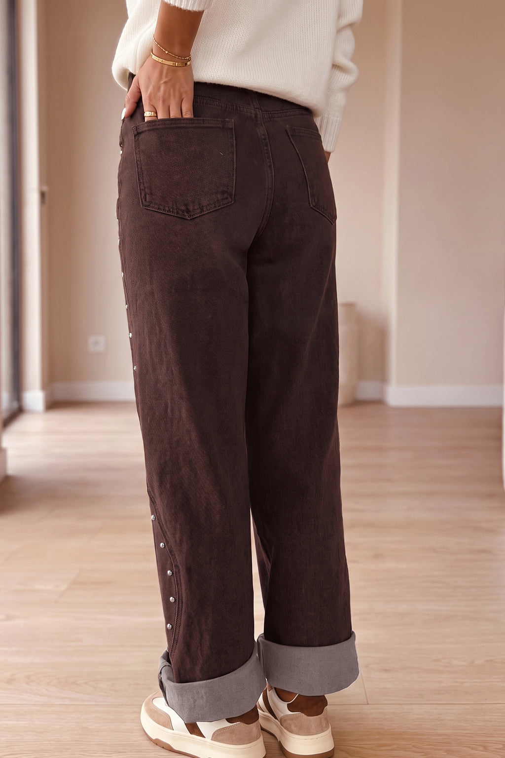 Coffee Side Seam Rivet Detail Ankle Length Casual Jeans PREORDER ETA 3 WEEKS