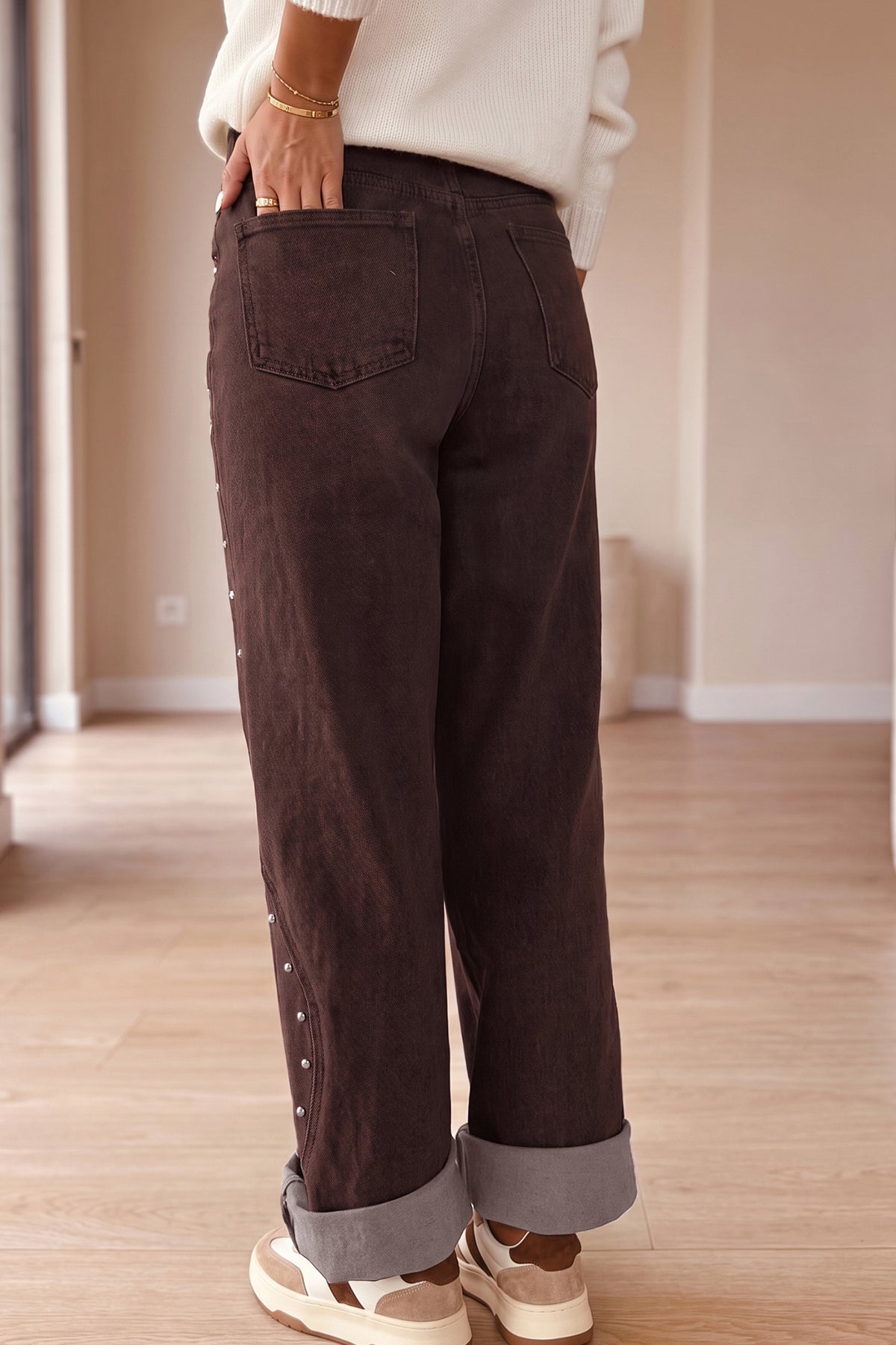 Coffee Side Seam Rivet Detail Ankle Length Casual Jeans PREORDER ETA 3 WEEKS