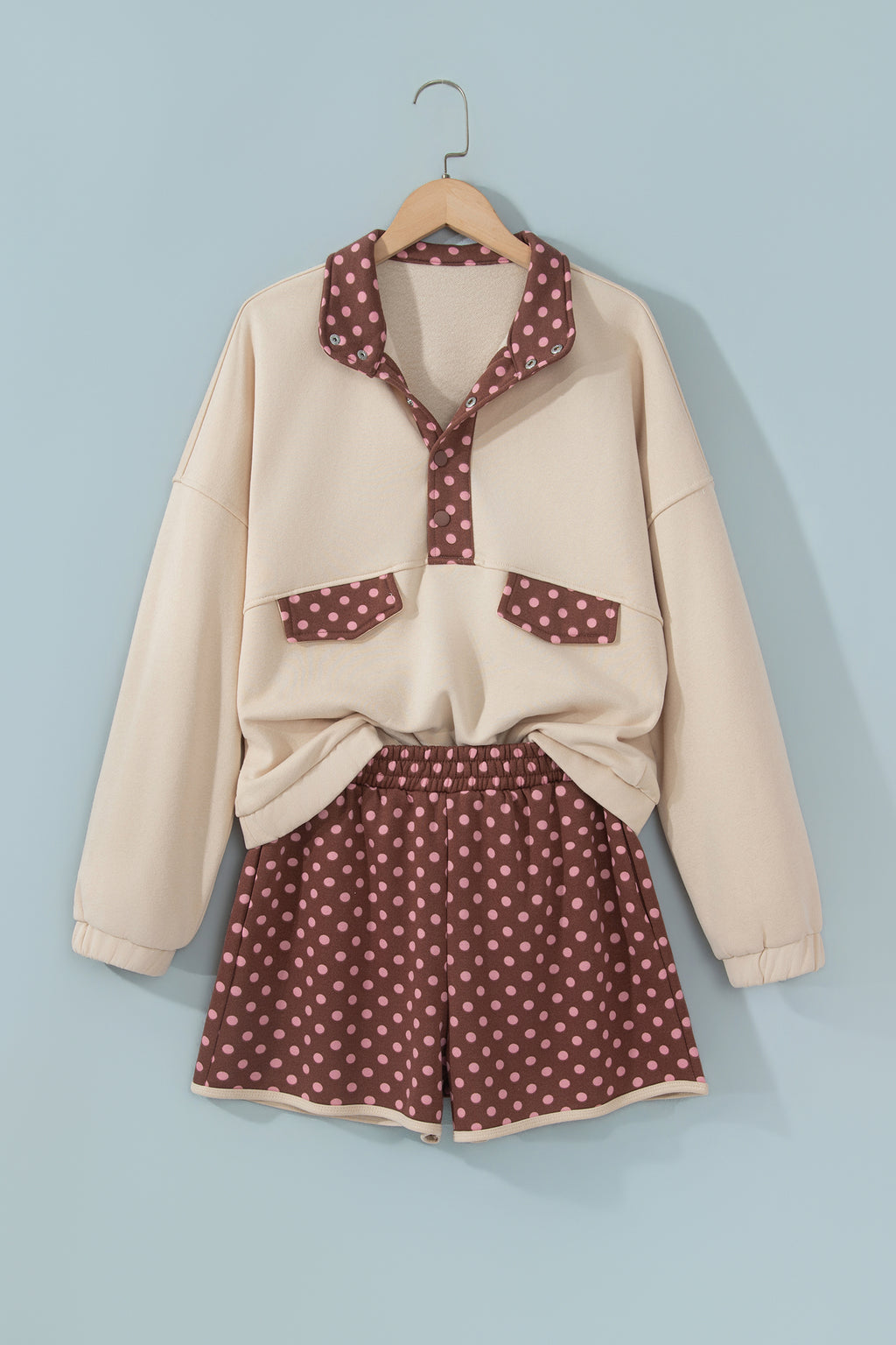 Brown Polka Dot Contrast Baggy Pullover and Elastic Waist Shorts 2pcs Set PREORDER ETA 3 WEEKS