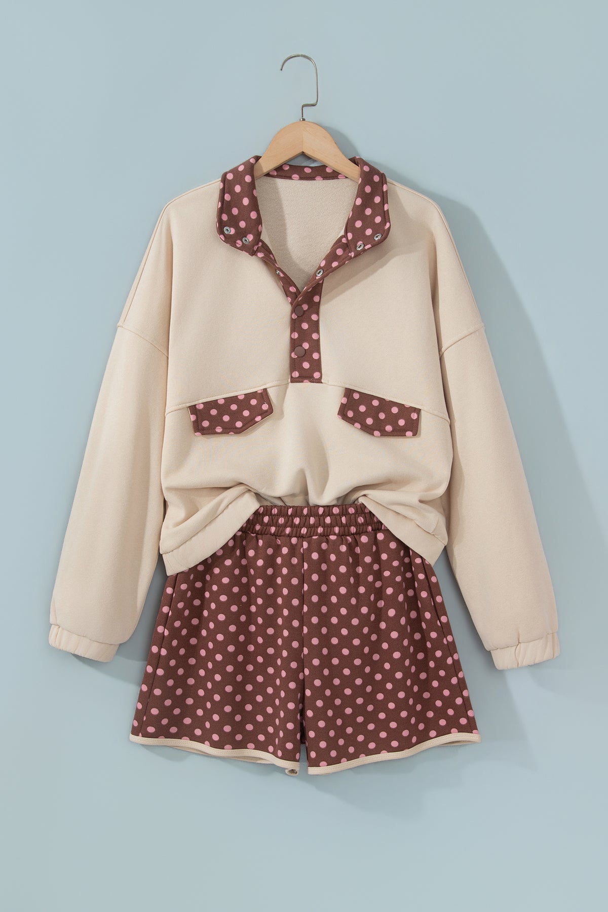 Brown Polka Dot Contrast Baggy Pullover and Elastic Waist Shorts 2pcs Set PREORDER ETA 3 WEEKS
