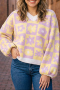 Multicolour V Neck Plaid Floral Long Sleeve Plus Size Sweater PREORDER ETA 3 WEEKS