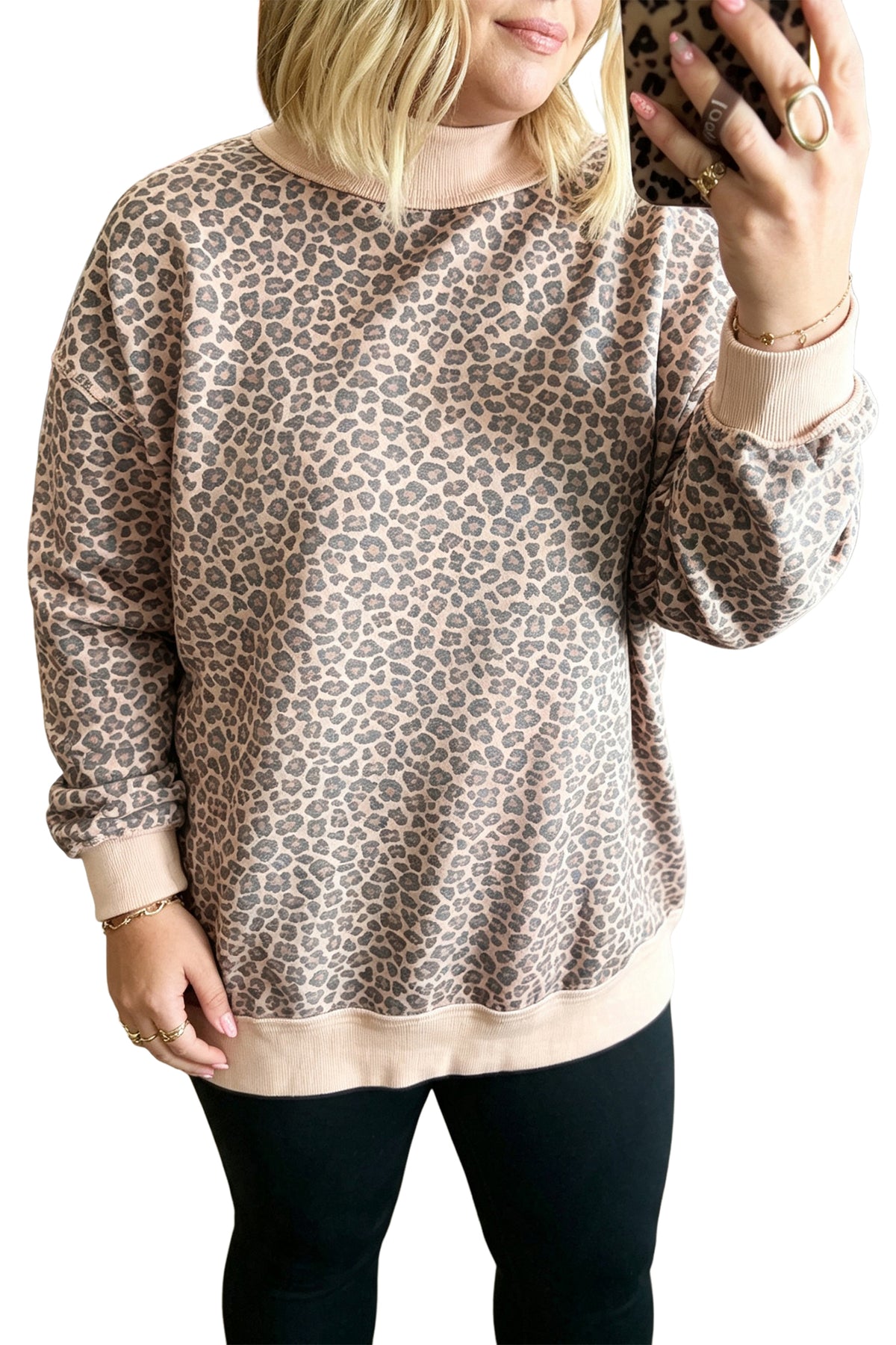 Multicolour Plus Size Leopard Print Ribbed Color Block Mock Neck Tunic Sweatshirt PREORDER ETA 3 WEEKS