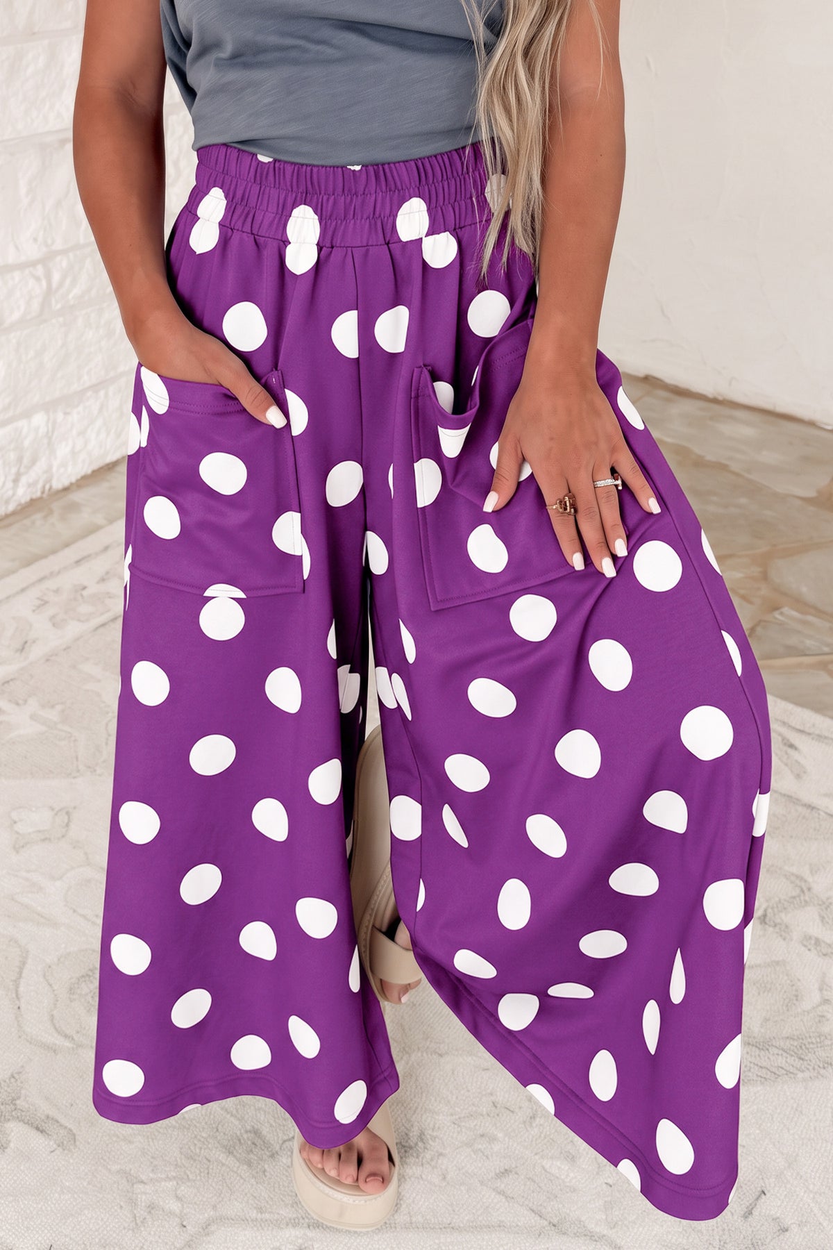 Purple Polka Dot Wide Leg Elastic Waist Casual Pants PREORDER ETA 3 WEEKS