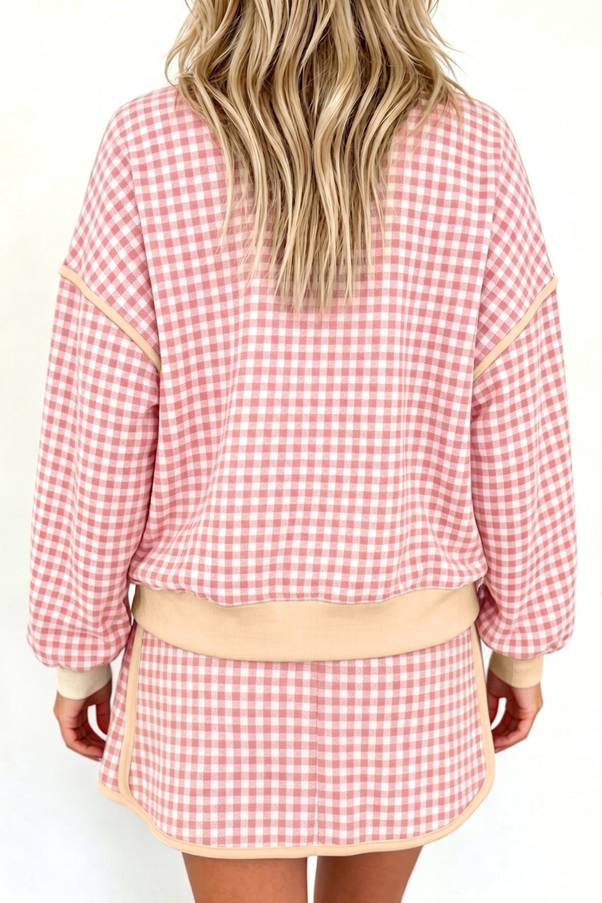 Green Gingham Oversized Ribbed Trim Crew Neck Long Sleeve Top and Skort Set PREORDER ETA 3 WEEKS