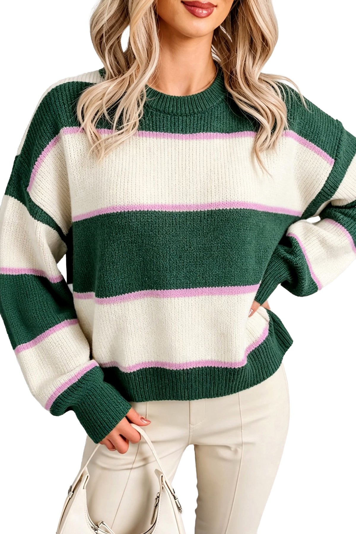 Blackish Green Striped Color Block Knit Dropped Shoulder Loose Pullover Sweater PREORDER ETA 3 WEEKS