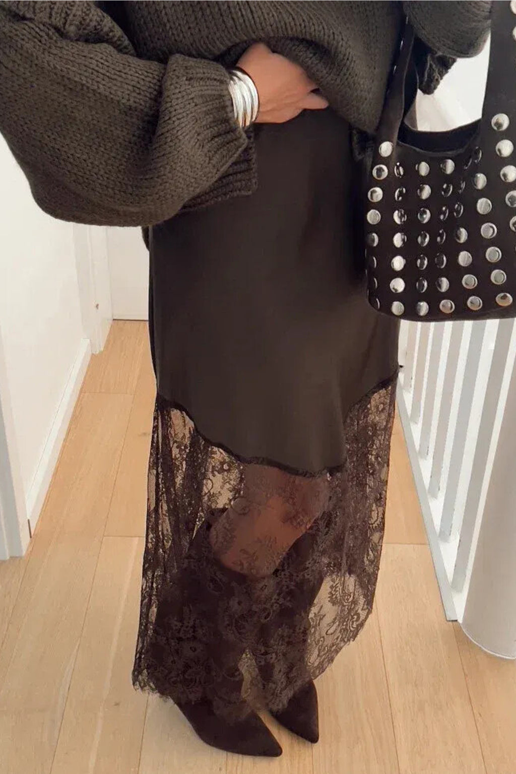 Dark Brown Lace Patchwork Hem Long Casual Shift Skirt PREORDER ETA 3 WEEKS