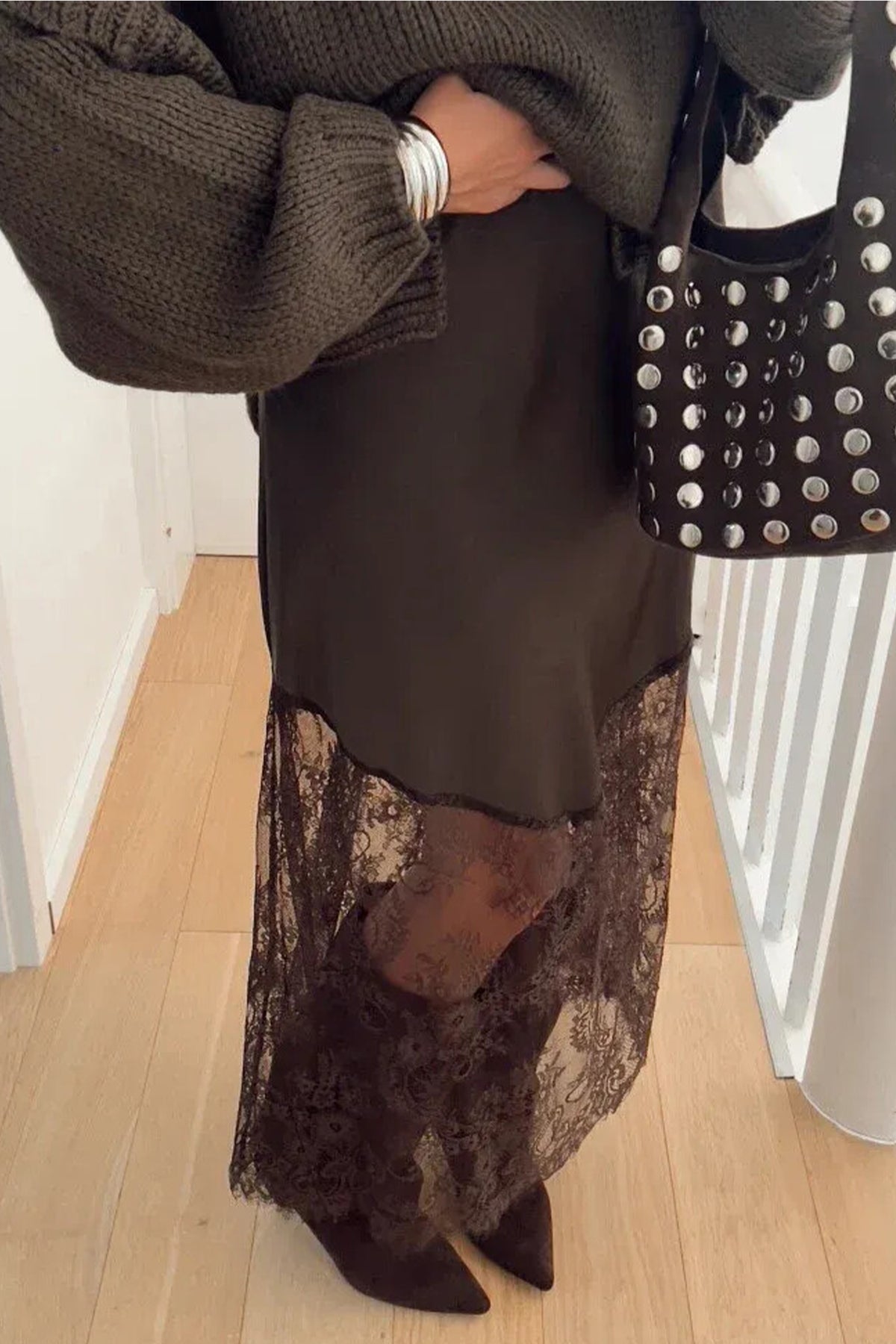 Dark Brown Lace Patchwork Hem Long Casual Shift Skirt PREORDER ETA 3 WEEKS