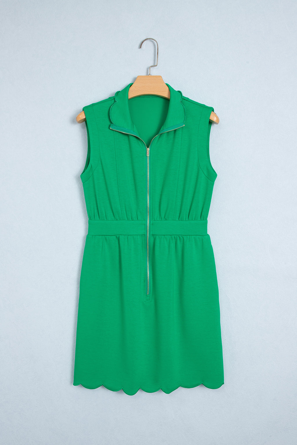 Bright Green Sleeveless Zip Front Scallop Hem Mini Dress PREORDER ETA 3 WEEKS