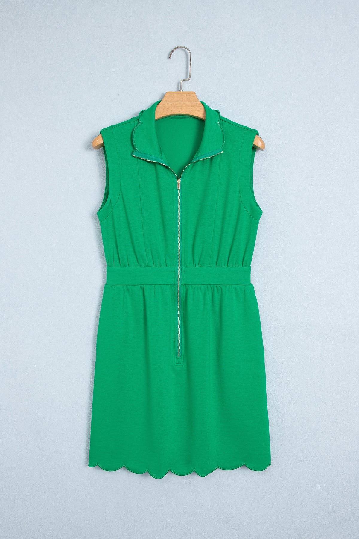 Bright Green Sleeveless Zip Front Scallop Hem Mini Dress PREORDER ETA 3 WEEKS
