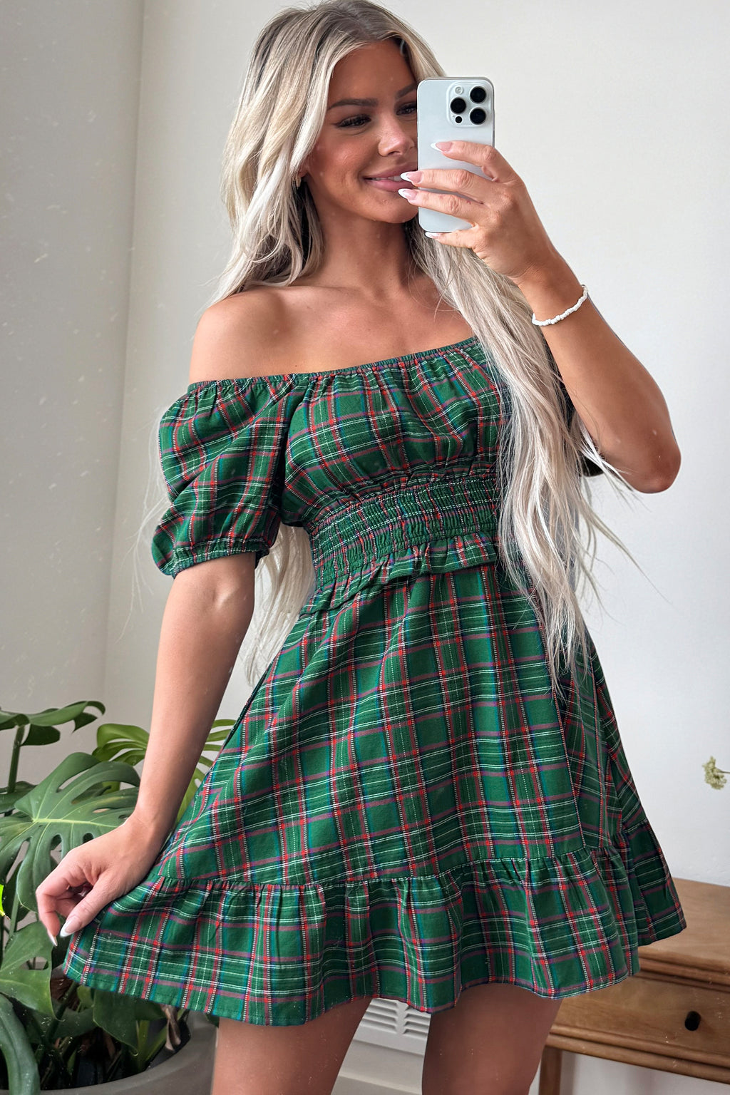Green Plaid Shirred U Neck Short Sleeve Mini Dress PREORDER ETA 3 WEEKS