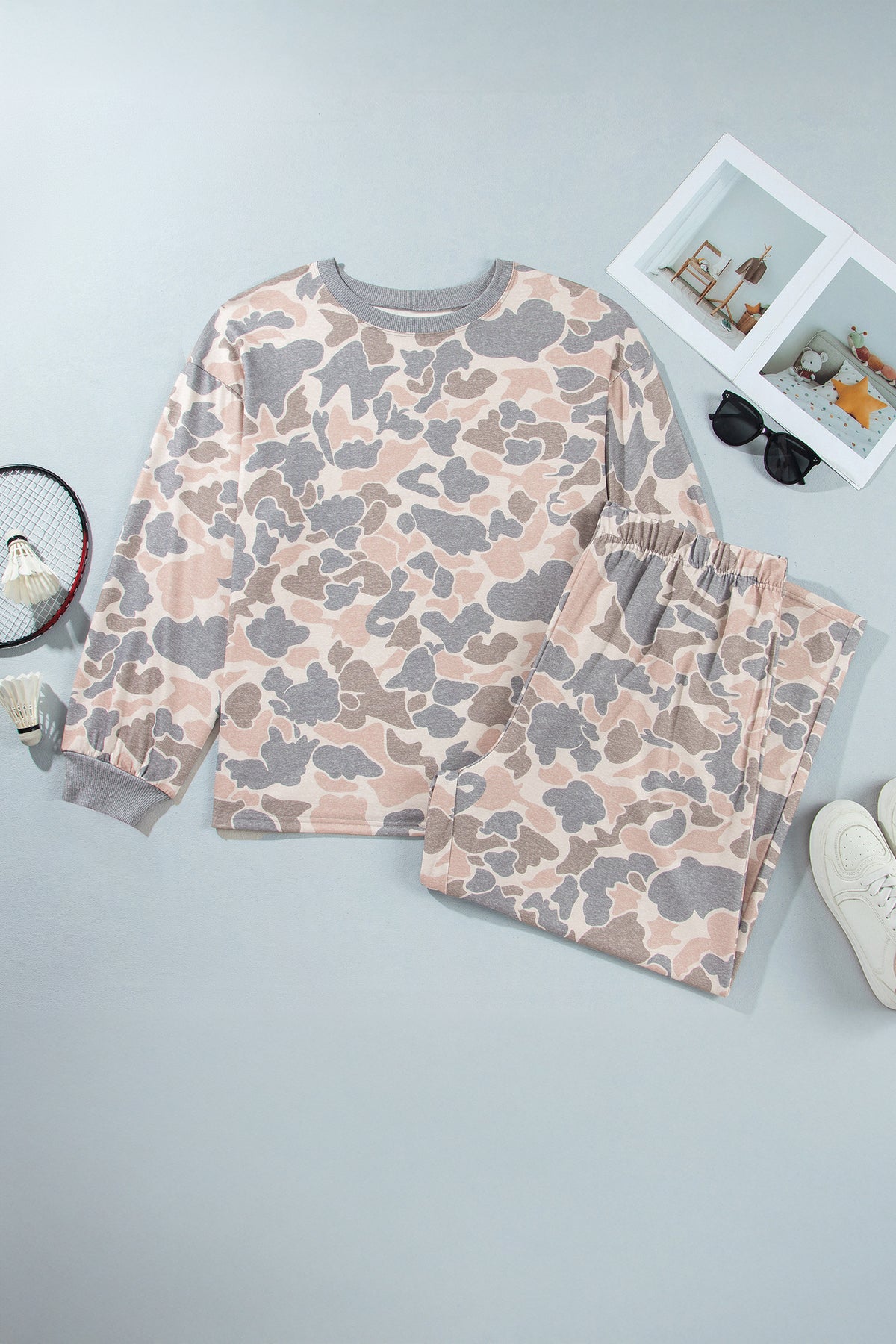 Multicolour Camouflage Long Sleeve Round Neck Two-Piece Plus Size Set PREORDER ETA 3 WEEKS