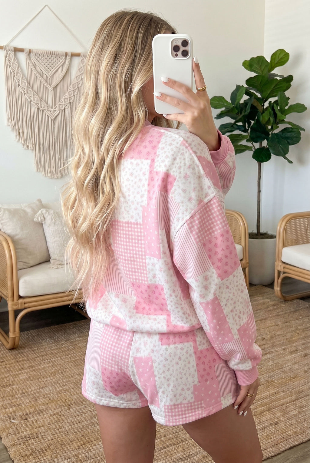 Sky Blue Patchwork Floral Print Drop Shoulder Baggy Pullover Drawstring Shorts Set PREORDER ETA 3 WEEKS