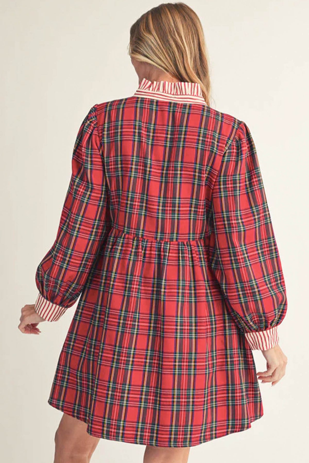 Red Plaid Striped V Neck Collar Cuff Details Shift Plus Size Dress PREORDER ETA 3 WEEKS