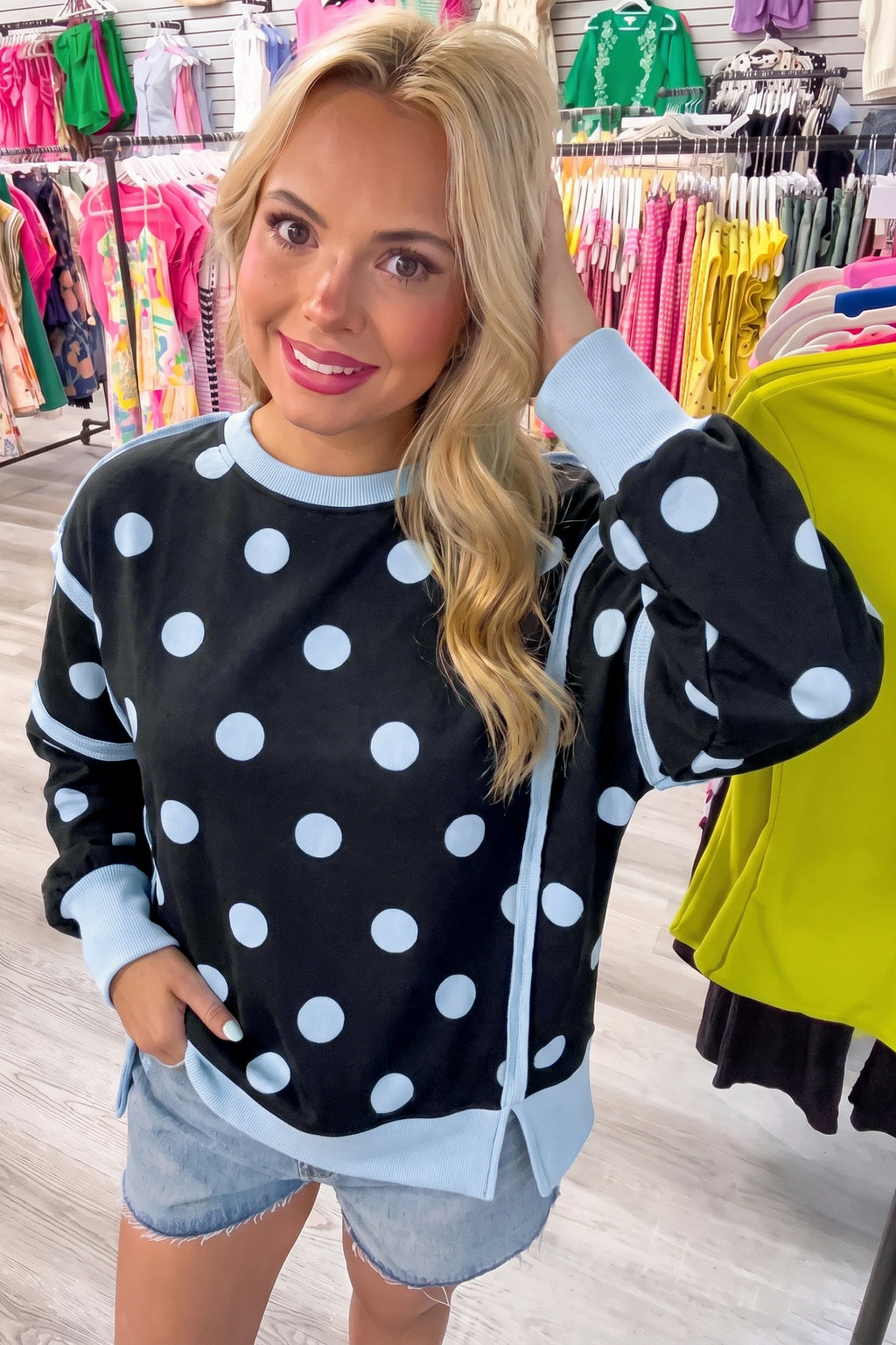 Black Polka Dot Contrast Patchwork Round Neck Baggy Sweatshirt PREORDER ETA 3 WEEKS