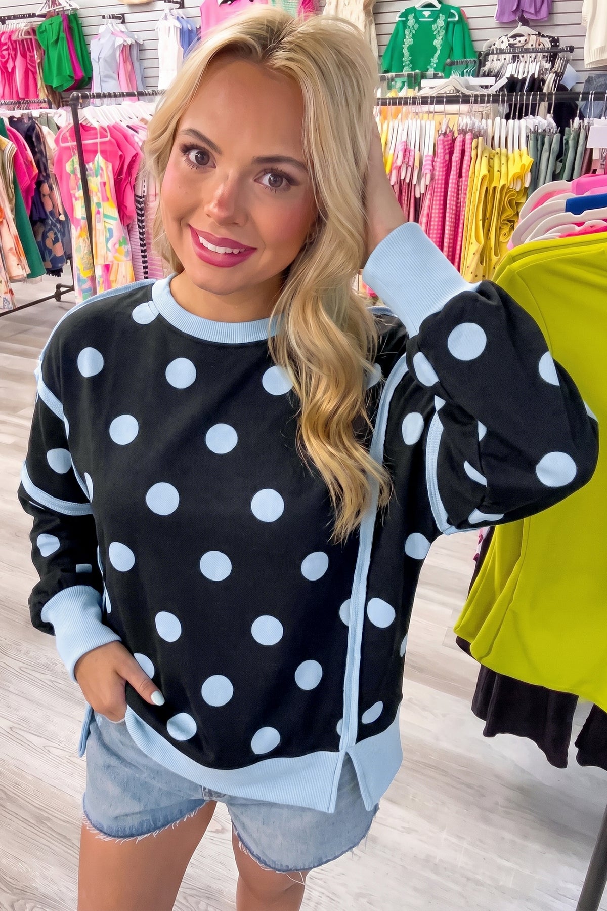 Black Polka Dot Contrast Patchwork Round Neck Baggy Sweatshirt PREORDER ETA 3 WEEKS