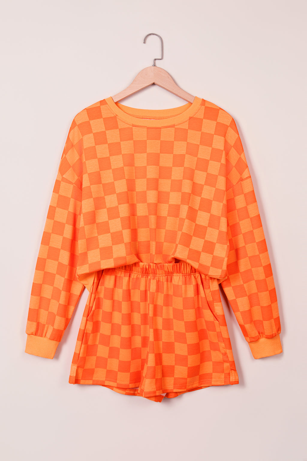 Orange Plaid Checkered Long Sleeve Crop Top Elastic Waist Shorts Two Piece Set PREORDER ETA 3 WEEKS