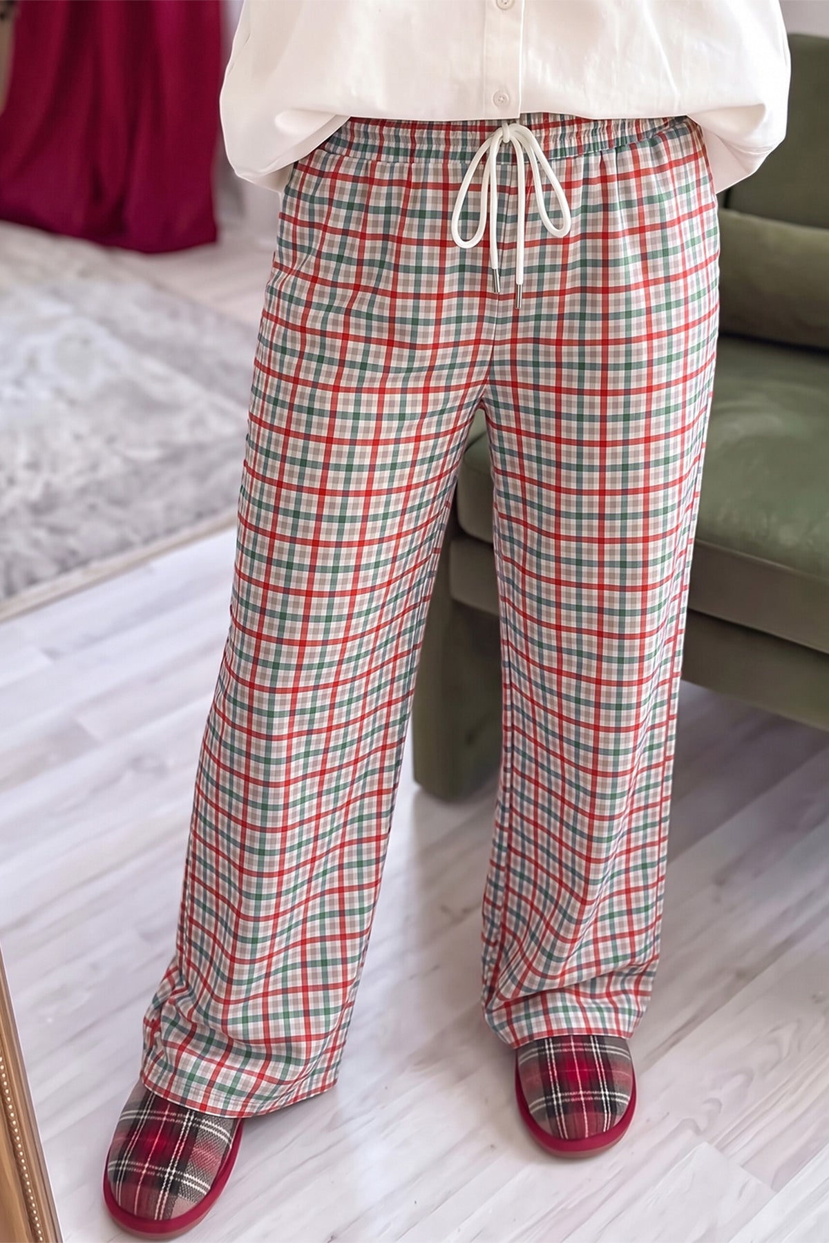 Multicolour Festive Plaid Drawstring Elastic Waist Pants PREORDER ETA 3 WEEKS