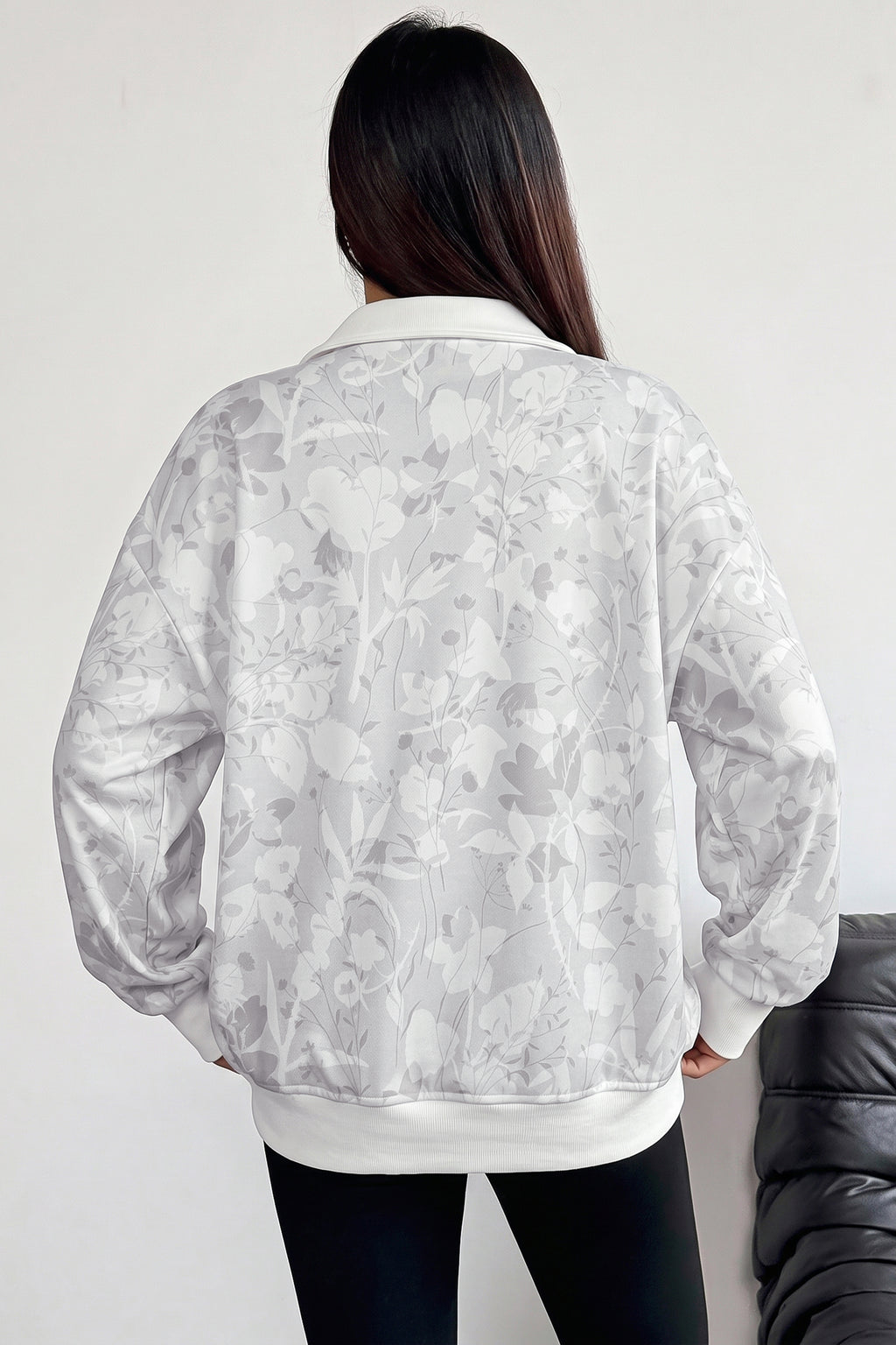 Gray Floral Print Quarter Zip Stand Neck Long Sleeve Sweatshirt PREORDER ETA 3 WEEKS
