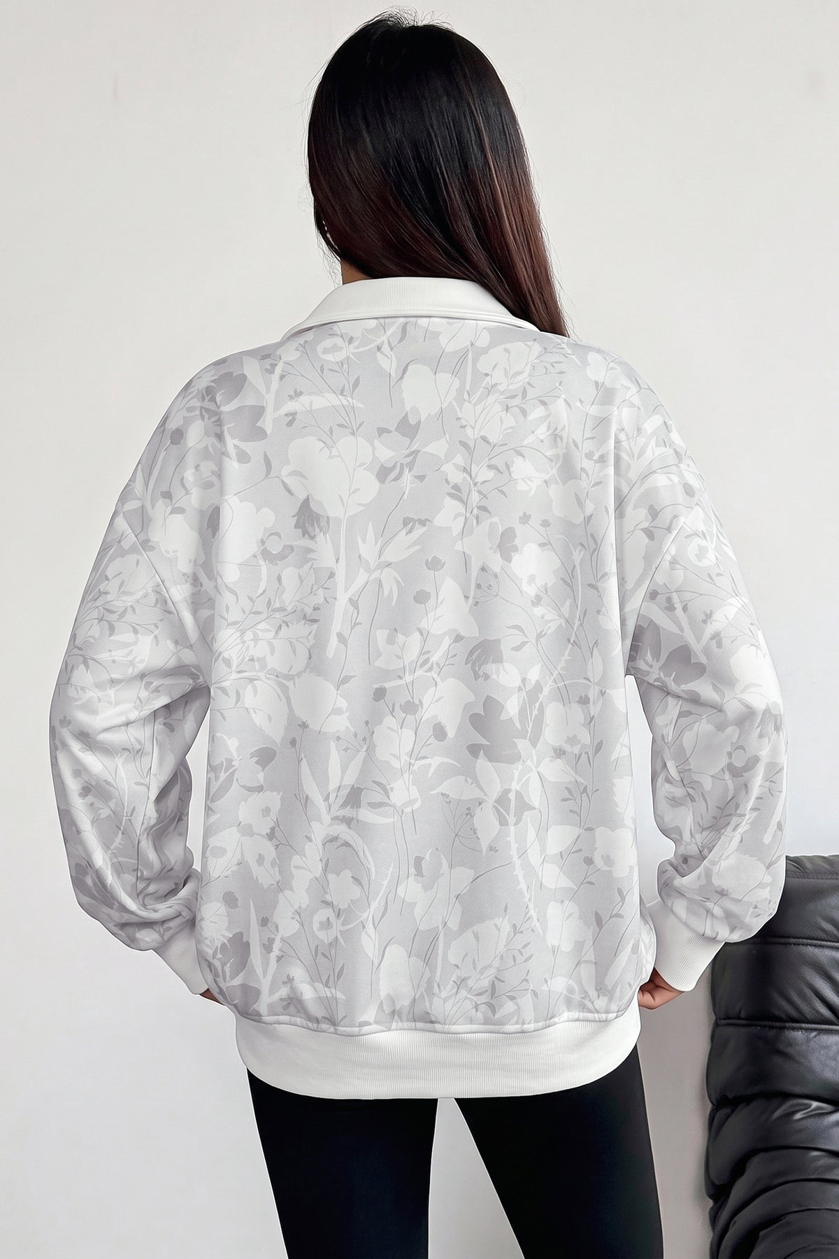 Gray Floral Print Quarter Zip Stand Neck Long Sleeve Sweatshirt PREORDER ETA 3 WEEKS