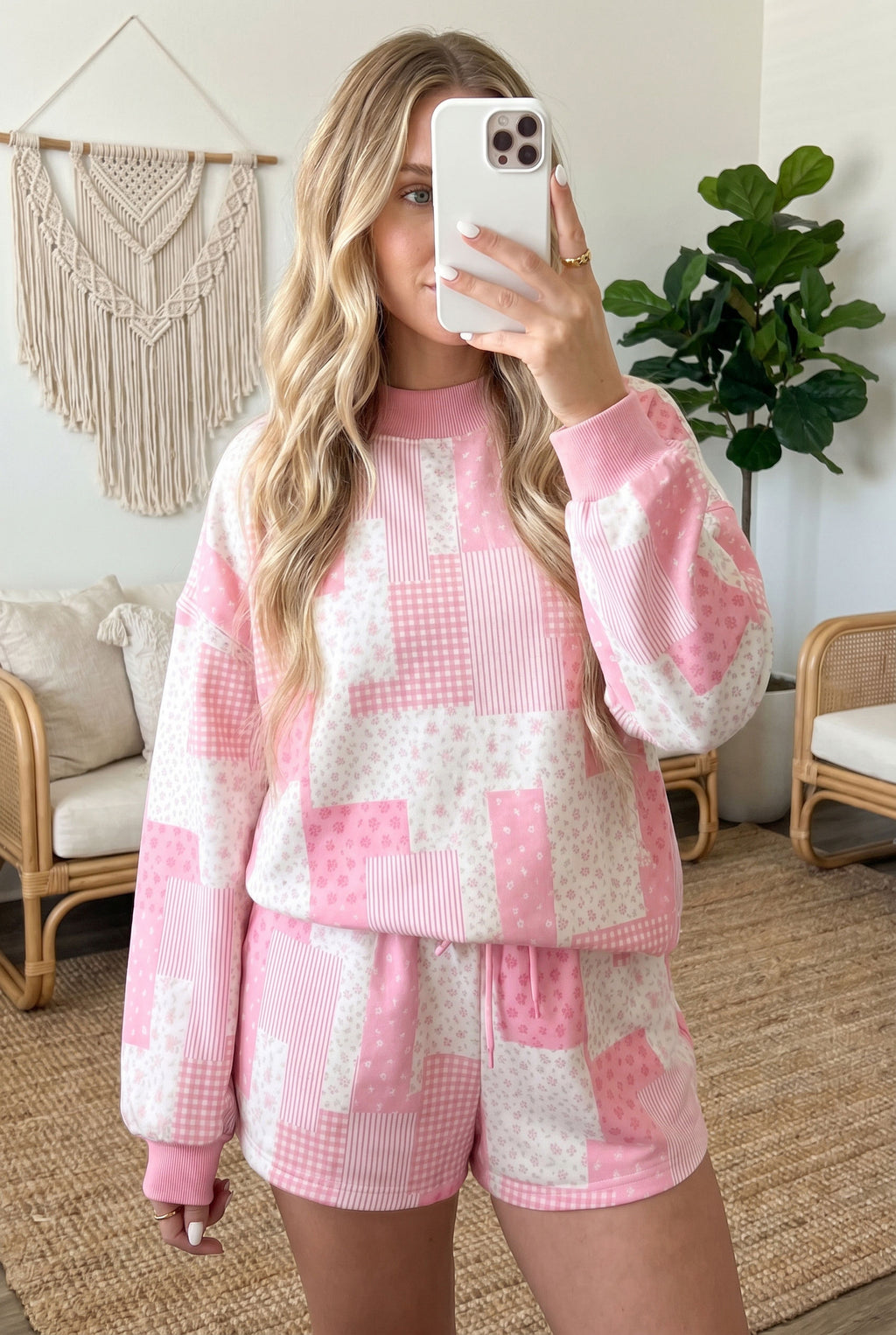 Sky Blue Patchwork Floral Print Drop Shoulder Baggy Pullover Drawstring Shorts Set PREORDER ETA 3 WEEKS