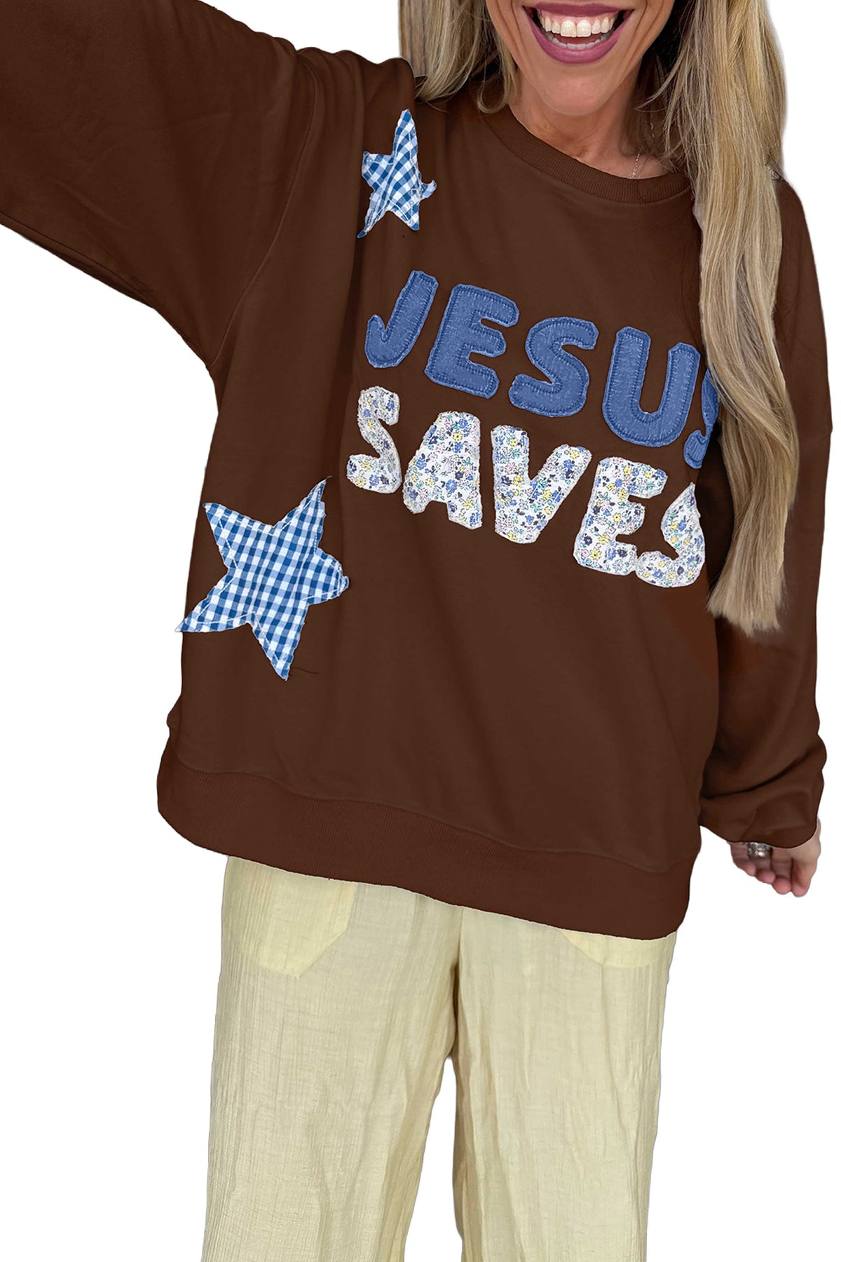 Coffee Patchwork Stars Plaid Unique Floral Letters Baggy Sweatshirt PREORDER ETA 3 WEEKS