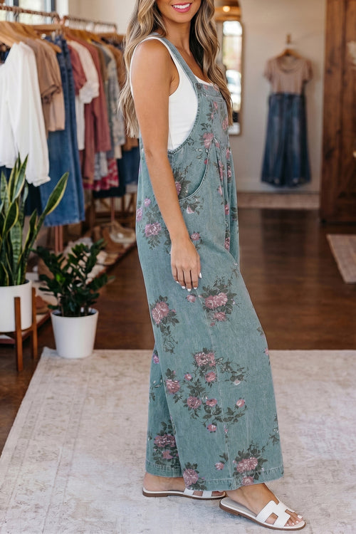 Beau Blue Floral Print Pleated High Waist Wide Leg Denim Jumpsuit PREORDER ETA 3 WEEKS