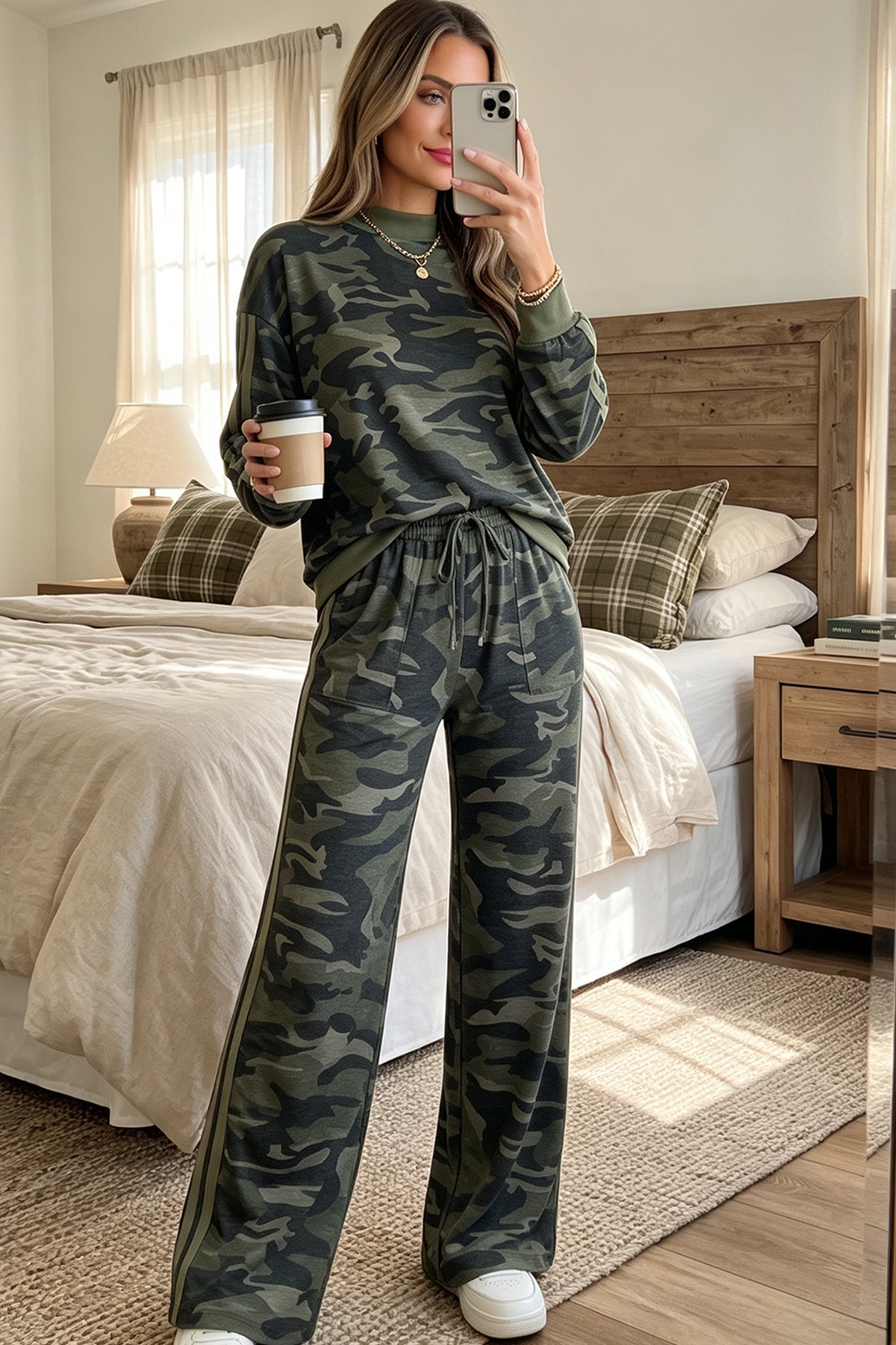 Multicolour Camouflage Patchwork Striped Detail Long Sleeve Top Casual Pants Set PREORDER ETA 3 WEEKS