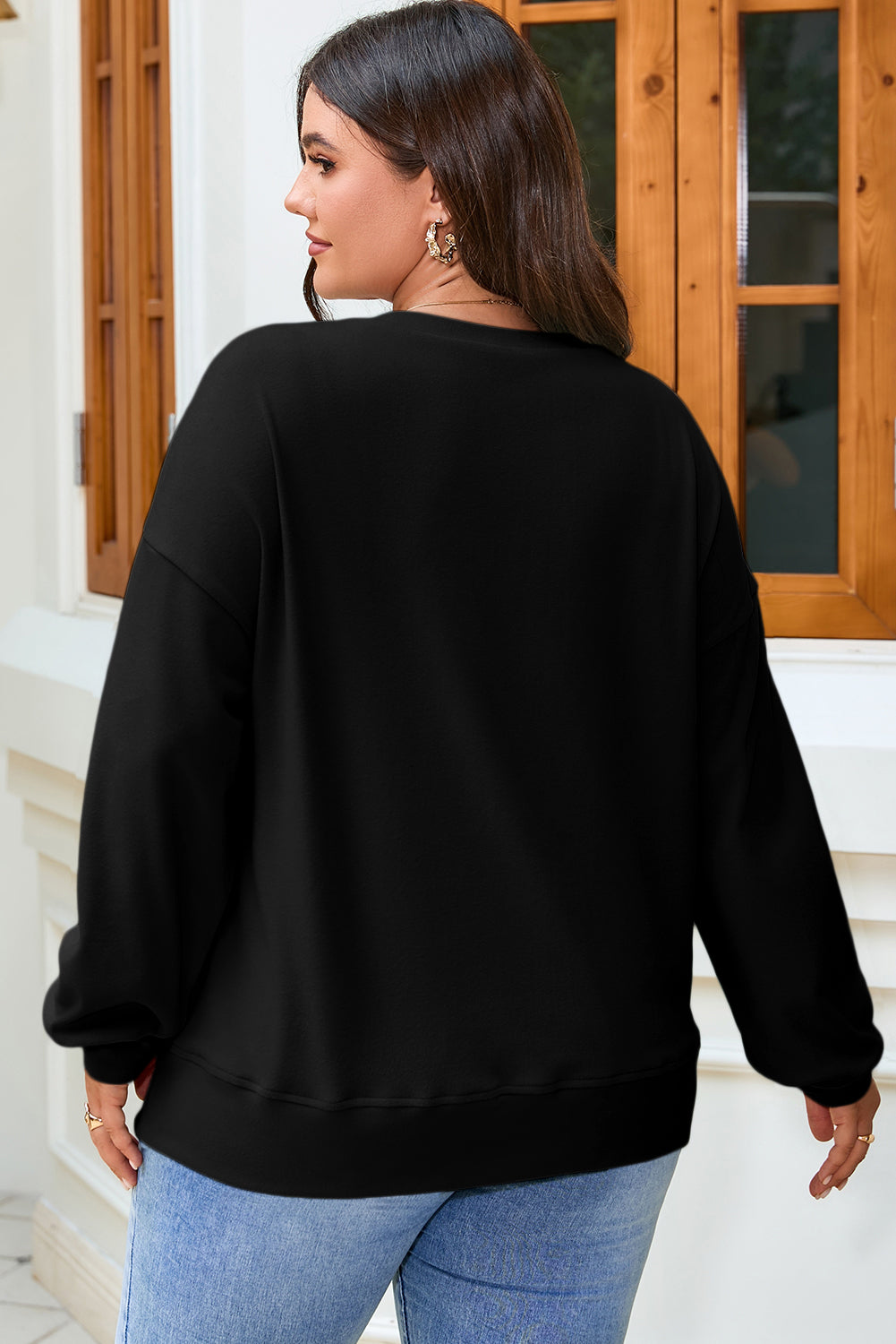 Black Solid Button Placket Crew Neck Plus Size Sweatshirt PREORDER ETA 3 WEEKS