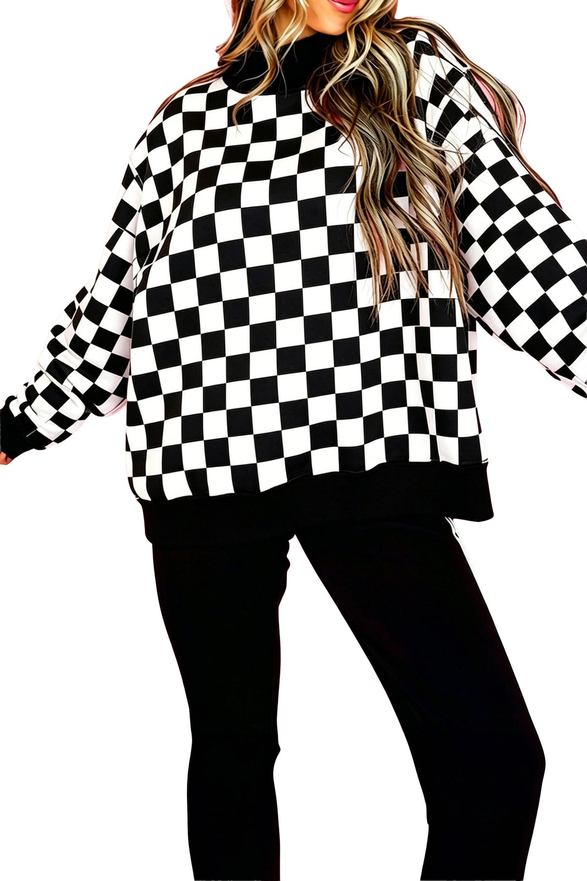Black Checkered Print High Neck Baggy Sweatshirt PREORDER ETA 3 WEEKS