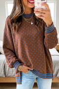 Brown Polka Dot Striped Trim Split Hem Casual Tunic Pullover Sweatshirt PREORDER ETA 3 WEEKS