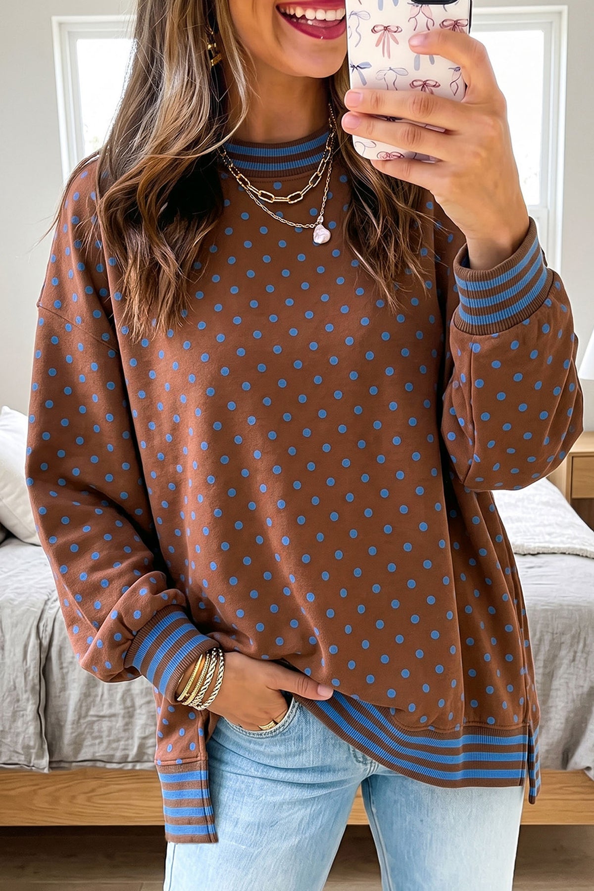 Brown Polka Dot Striped Trim Split Hem Casual Tunic Pullover Sweatshirt PREORDER ETA 3 WEEKS