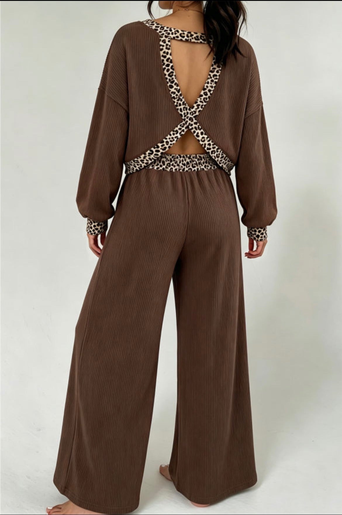 Coffee ribbed pants set with leopard trim and crossover open back