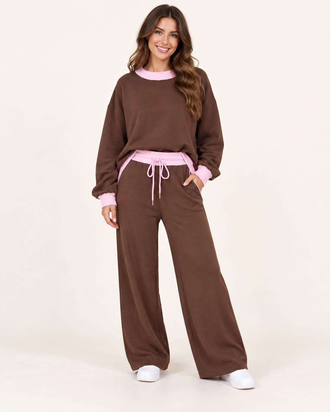 Coffee brown and pink colorblock two piece pants set