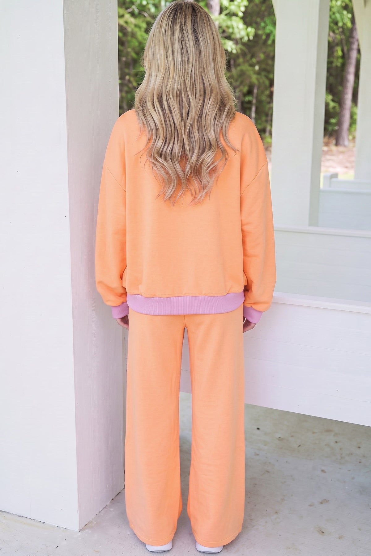 Grapefruit Orange Color Block Trim Long Sleeve Pullover Drawstring Shift Pants Set PREORDER ETA 3 WEEKS